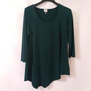 Cupio Women's Crew Neck Green Top 3/4 Sleeve Asymmetrical Hem, Large